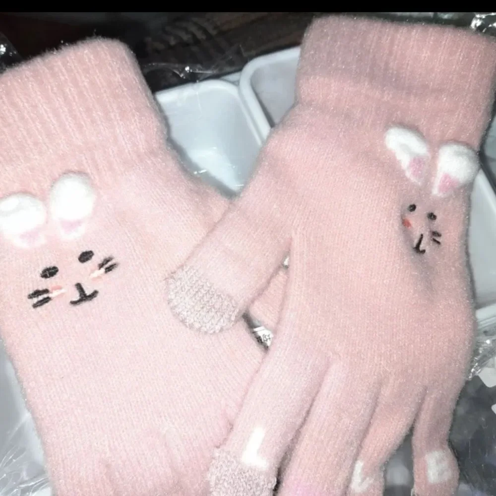 Y2K Lolita Goth Pastel Pink Pom Pom Alice Easter Bunny Rabbit Glove Mittens q
